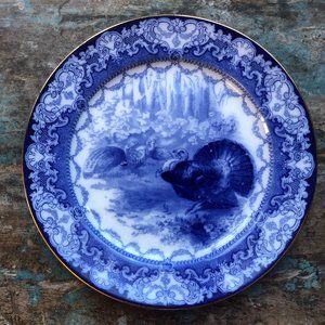 Rare Vintage Watteau Doulton Flow Blue Gold Trim 10in Turkey Plate